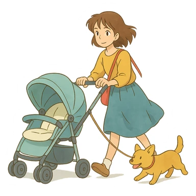 ghibli style girl walking with a stroller and dog on a leash, soft colors sticker