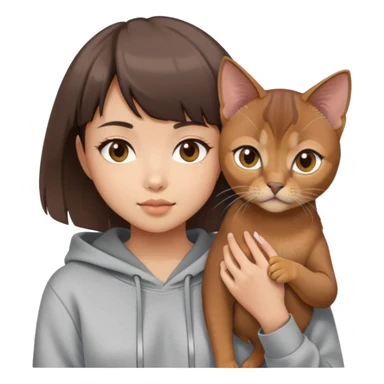a asian girl with short brown hair and bangs holding an Abyssinian cat， wearing grey hoodie sticker