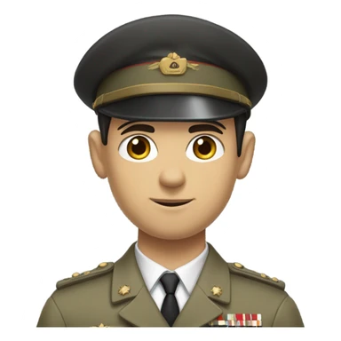 "A young man with short-cropped dark hair, a sharp jawline, and a smug expression. He wears a clean, neutral military uniform, holds a rifle" sticker