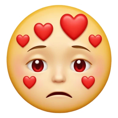 A yellow circular frowning face that is crying, with a dozen hearts floating from top to bottom in front of it sticker