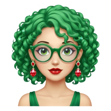gem lover woman with gem accessories excessive amount gem glassess very big gem earrings green curly hair and red diamonds sticker
