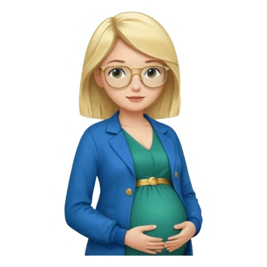 pregnant blonde 18-year old with golden glasses in a bright blue dress and a dark green jacket on top of the blue dress sticker