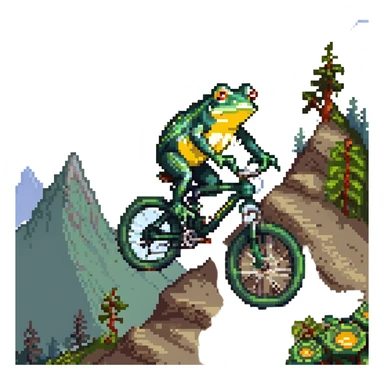 a frog riding a full suspension mountain bike, pixel art style sticker