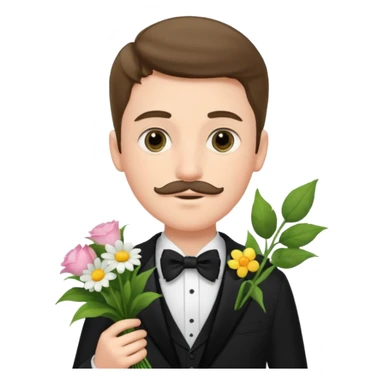 generate an ios genmoji of a 20 year old fair boy with very few and faint mustache hair. should look like he cant grow a mustache., carrying a flower bouquet, wearing a tux sticker