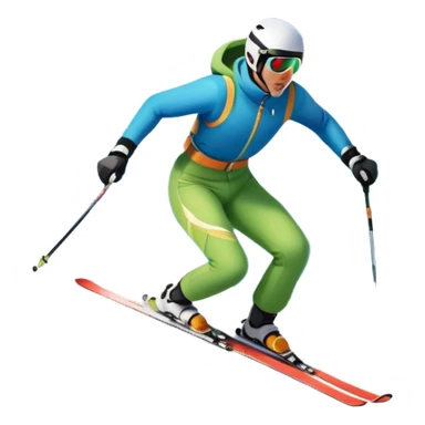 An icon featuring snowy peaks, pine trees, and a picturesque mountain landscape with a skier racing down a snow-covered slope. The sky is blue with soft clouds, capturing the thrill and beauty of alpine skiing. Transparent background highlights the excitement and serenity of winter sports. sticker