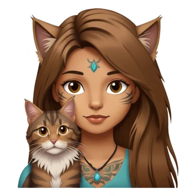 girl with long brown  straight hair and tattoos and a tabby Maine coon cat sticker