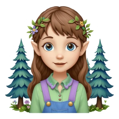Kind happy whimsical quirky Girl toymaker, wood carving elf. Woodland nature creator. Blue eyes. brown hair (short just-below chin length) wavy hair & bangs. Whimsical playful cute. Overalls with nature embroidered cute shirt collar. Light green, light purple and light blue colour aesthetic  sticker