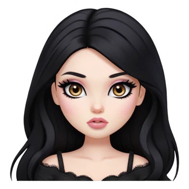  long hair, pale skin, dark brown eyes, pretty bratz baddie, black eyeliner, blush sticker