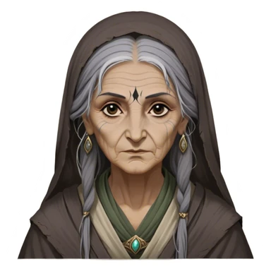 Mirri Maz Duur is a weathered, old Lhazareen woman with deep-set dark eyes, high cheekbones, and a sharp nose, giving her a stern, knowing expression. Her long, unkempt dark hair streaked with gray falls loosely over her shoulders, and her earth-toned, tattered robes mark her as a humble healer. Despite her frail appearance, she exudes an aura of mystery and menace, her hands stained with herbs and blood from both healing and dark sorcery. sticker