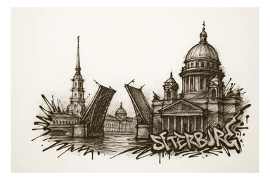 Сделай png рисунок Санкт-Петербурга в стиле граффити. Граффити черно-белое. Надписи не делай.  Рисовка в стиле Да Винчи. sticker