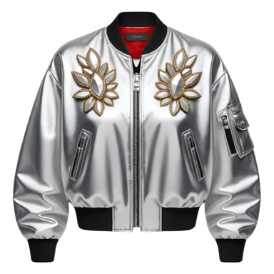 Alexander McQueen brand Cropped bomber detailed jacket for women with shiny silver edgy style, detailed embellishments. 8k, 5000x5000px, 3D rendering, realistic, isolated still life, no emoji faces no emoji icons no human figures  sticker
