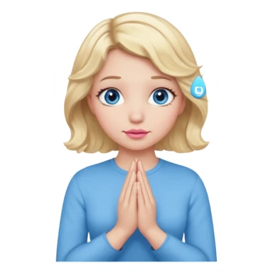 Girl Blonde short wavy hair,  blue eyes, cute blue top, long lashes, pink lips, praying hands sticker