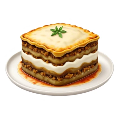 Cinematic Realistic Moussaka Dish Emoji, depicted with layers of eggplant, minced meat, and b√©chamel sauce rendered with rich textures and warm, inviting lighting that captures its Mediterranean flavor. sticker