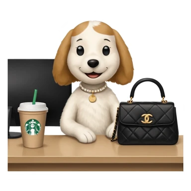 snoopy in a desk with starbucks and his chanel purse sticker