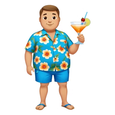 chubby guy full figure in a flowered azure havai shirt, brown shorts and flippers holding a cocktail sticker