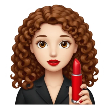 Ojos café claro, piel clara, cabello largo rizado color castaño sosteniendo un labial rojo sticker