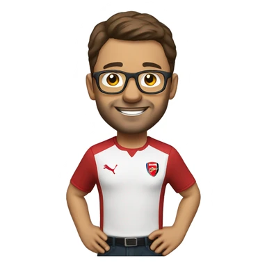 man mid 30 age arsenal shirt glasses short brown hair celebrating sticker