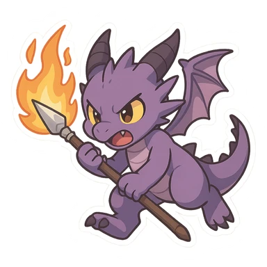 purple chibi anime dragon, gripping a flaming spear, dynamic pose, intense expression sticker