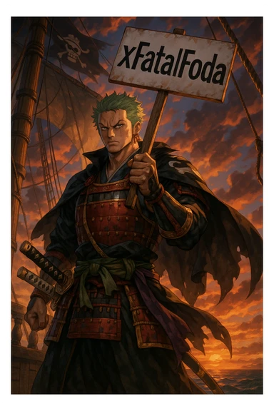 Zoro from One Piece standing on a pirate ship deck at sunset, holding a protest sign with ‘xFatalFoda’, dramatic Wano arc anime illustration, highly detailed sticker