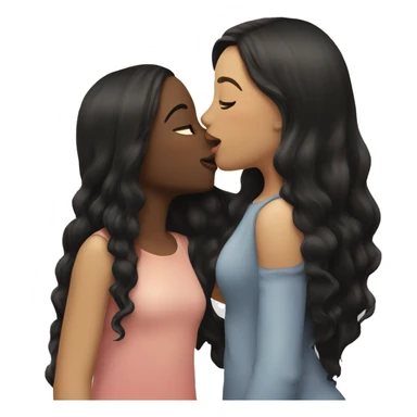 A girl kissing another girl on the cheek, both are blushing. They both have white skin and long black hair sticker