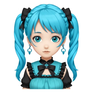 anime-style female character with bright turquoise hair styled in twin tails and matching blue eyes. Her outfit is a frilly turquoise and black dress in a Lolita-esque style, heavily contrasted with black ribbons and trim. A key detail is the prominent "AWP" logo printed in black on the chest, sticker