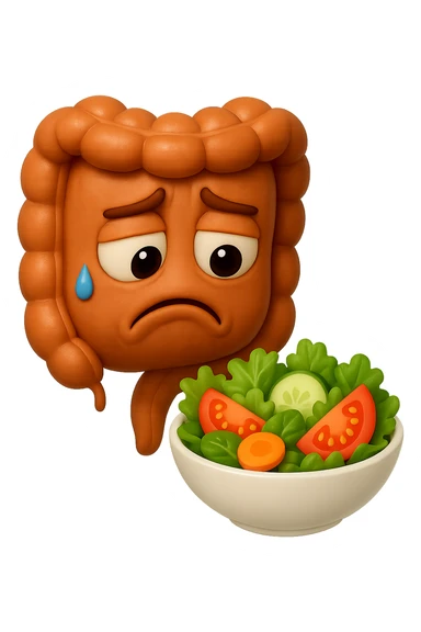EMOJI STILE IPHONE DI UN INTESTINO UMANO ANATOMICO CHE GUARDA UN INSALATA CON ESPRESSIONE TRISTE E RASSEGNATA IN VOLTO: SOFFRE LA FAME PERCHé è A DIETA, FAGLI ANCHE LA PARTE BIANCA DEGLI OCCHI, NON SOLO LE PUPILLE, IPERREALISTICO 4K sticker