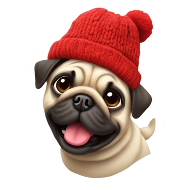 Cheerful pug in a red Knitted hat sticker