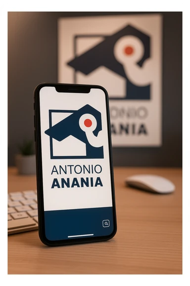 A photo of an iPhone on the desk with the logo of "Antonio Anania" on its screen, The phone sits atop a desk with a blurred with the logo in the background that suggests work environment. A faint glow from above casts gentle shadows across the surface of each object, creating depth and highlighting their textures sticker