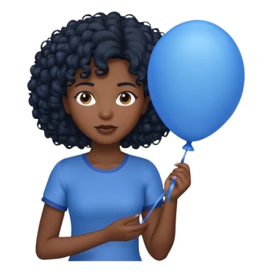 woman with curly black hair and dark face, holding blue balloon sticker