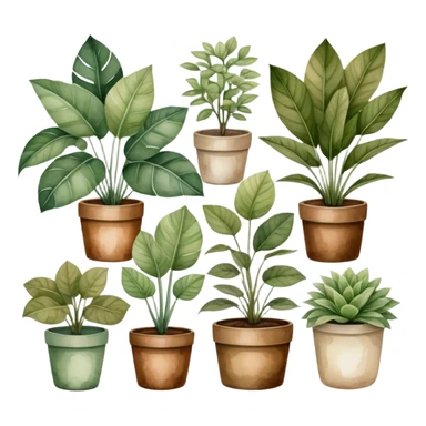 A vintage-inspired botanical watercolor of assorted houseplants, arranged harmoniously with muted tones and natural textures. sticker