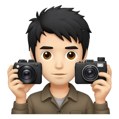 a man with black messy hair with one camera sticker