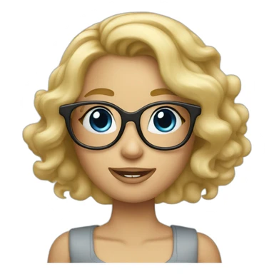 Blond girl with wavy hair, glasses, blue eyes, apple computer and arms tattoed sticker