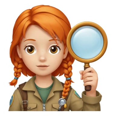 braid orange haired girl kid in explorer outfit, holding magnifying glass sticker