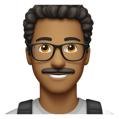 young man with dark hair, mustache, and scruff, wearing clear framed glasses sticker