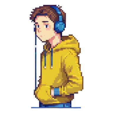 full body man wearing a yellow hoodie, earbuds in ears, suspicious expression, not proportionate body type, head to toe sticker