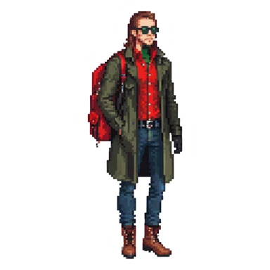Man with long brown hair, brown goatie, sunglasses, wearing red button up shirt with a sling horizontally across the torso, wearing a black trenchcoat, blue jeans, long black military boots, red fingerless gloves, green backpack sticker