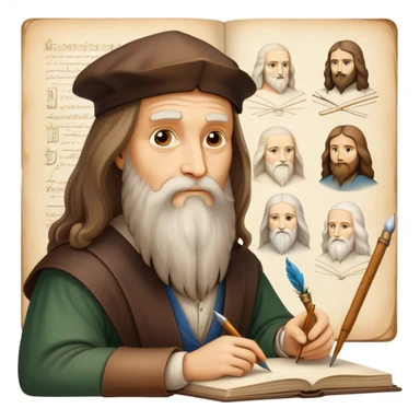 Cinematic Realistic Leonardo da Vinci Portrait Emoji, depicted as the quintessential Renaissance polymath with deep, thoughtful eyes, a flowing beard, and a quill or sketchbook in hand. The scene is illuminated with warm, classical lighting, evoking the atmosphere of a master artist’s workshop, surrounded by early sketches of inventions and masterpieces like the Mona Lisa. sticker