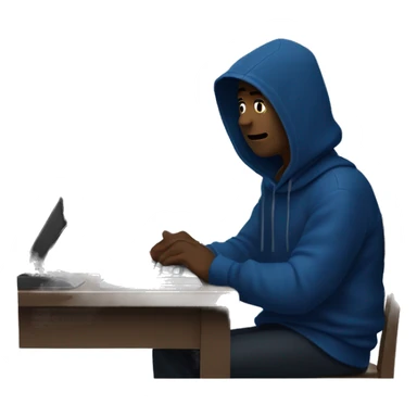 A man in a dark blue hoodie with a capelet on his head, his face not visible in the shadows, is sitting at a computer. sticker