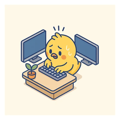 cute yellow chick sitting between two computer monitors, frantically typing on keyboard, looking busy and nervous, small plant on desk, simple 2D cartoon style, loop animation sticker