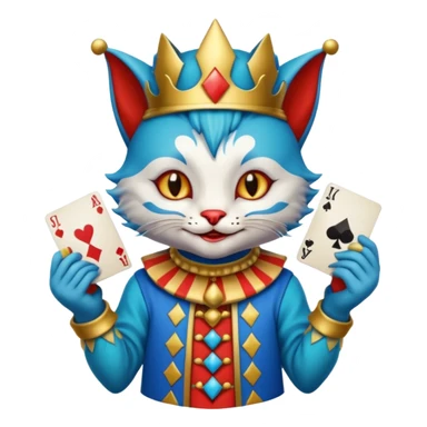 crazy colorful cute little cat jolly joker from poker, medieval, vintage, court jester, mac os icon, blue color, holds poker cards sticker