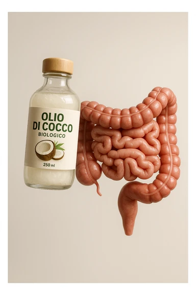BOCCETTA DI OLIO DI COCCO BIOLOGICO (FAI UN ETICHETTA SUL PRODOTTO IN ITALIANO) CHE FLUTTUA IN ARIA INSIEME A UN INTESTINO UMANO ANATOMICO IN PERFETTA SALUTE, SFONDO CHIARO, iperrealistico 4k sticker