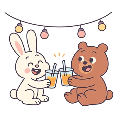 bunny and bear clinking juice cups under string lights, soft pastel colors, calArts 2010s cartoon style sticker