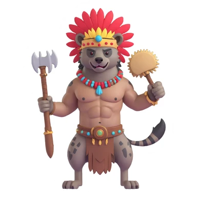 A native strong buff hyena with war bonnet flexing posing full body holding a chopped off human head by the hair  sticker