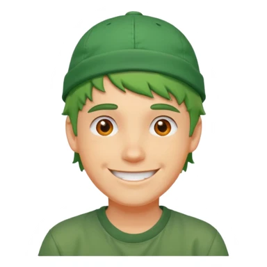white guy with big smile, short messy green hair, orange backwards cap, street style sticker