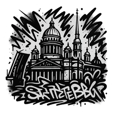 Сделай png рисунок Санкт-Петербурга в стиле граффити. Граффити черно-белое. Надписи не делай.  sticker