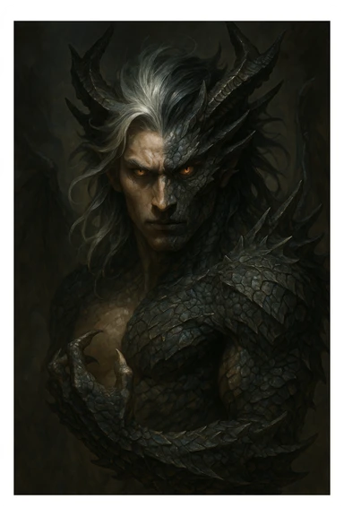 half human, half dragon, silver and black hair, fierce expression, fantasy style, detailed sticker