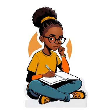 Black girl with glasses and a long shaved sides haircut writing in a journal sticker