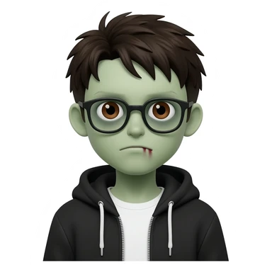 zombie boy with white tshirt and black brownish hair and with black glasses frames on hair is texturized young boy and round face more green face and dark brown eyes black thick cotton y2k hoodie with the white t-shirt under it hood of hoodie is standing up a slight bit and no ties on hoodie sticker