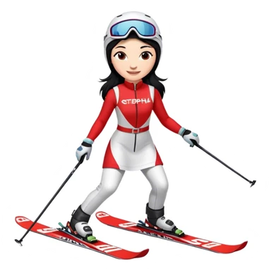 Ski racer woman, red white dress, with the name STEPHANIE on the dress, the name HEAD on the skis, black hair, smile sticker