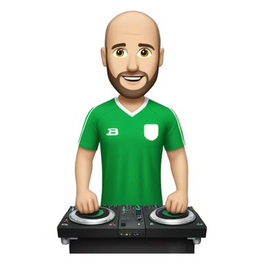 Balding guy with beard, wearing a green and white football kit, DJing sticker